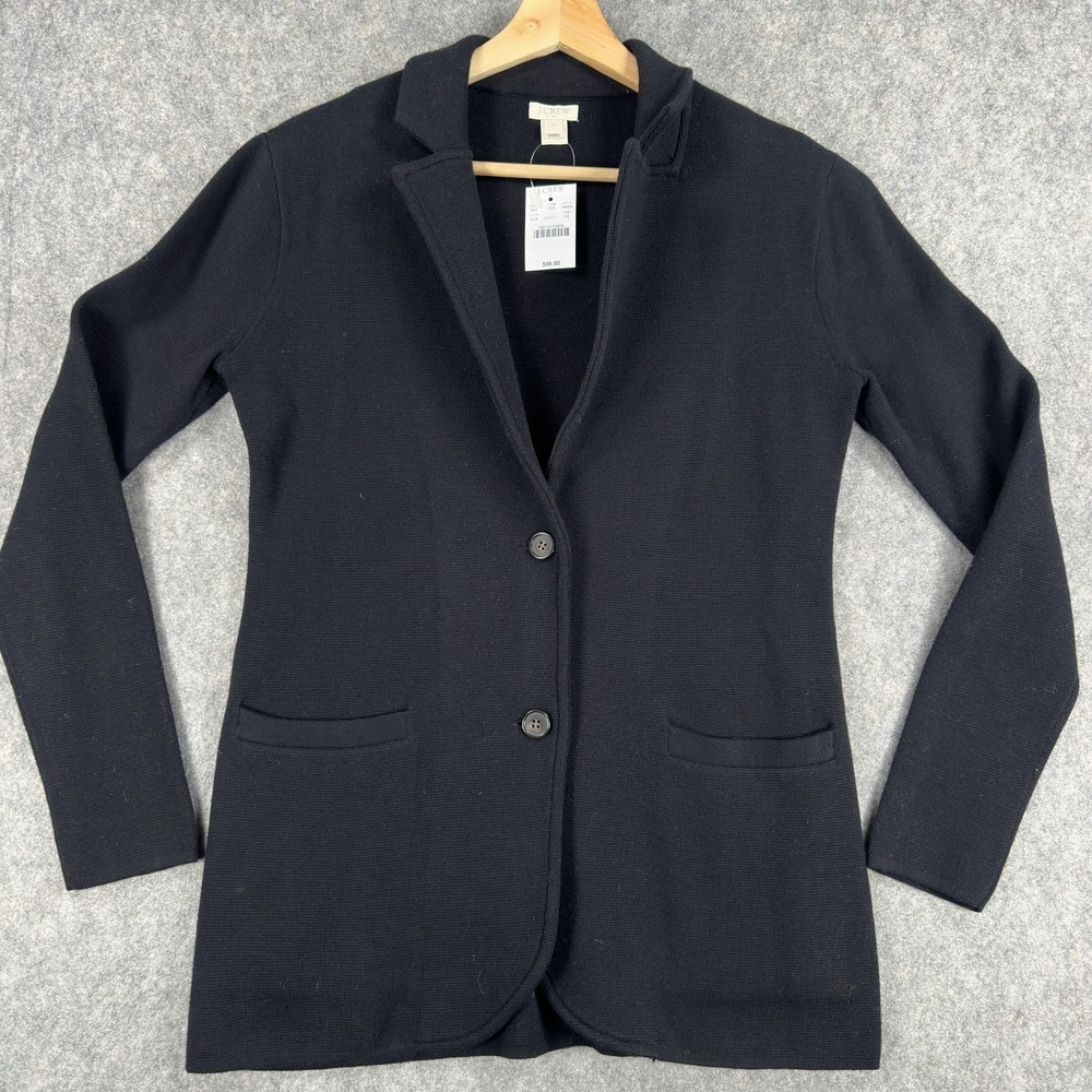 J.Crew Sweater Blazer Womens XS Black Cotton Knit Single Breasted Pockets G9309